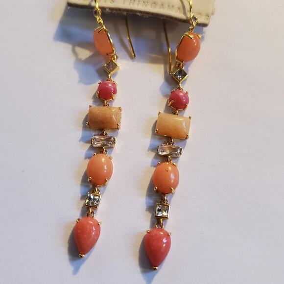 Anthropologie gold over Brass Linear pink/rose Stone drop earrings 3" In Length - Picture 3 of 7